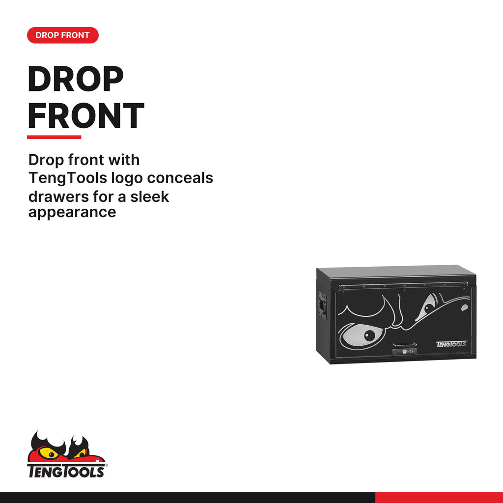 Teng Tools TST26B4 26 PRO35™ Tool Chest 4 Drawers Black, drop front with TengTools logo conceals drawers for a sleek