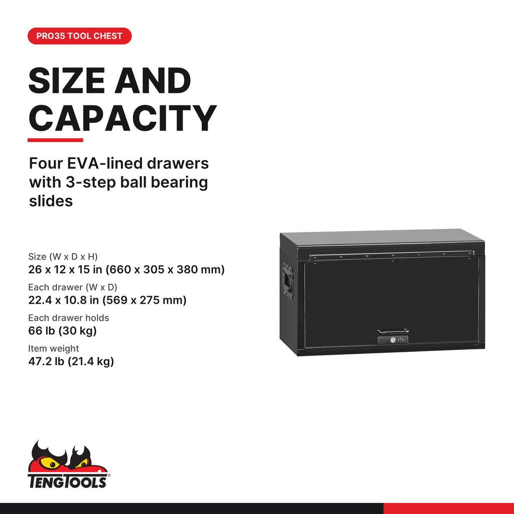 Teng Tools TST26B4P 26 PRO35™ Tool Chest 4 Drawers Black With Custom, four EVA-lined drawers with 3-step ball bearing slides