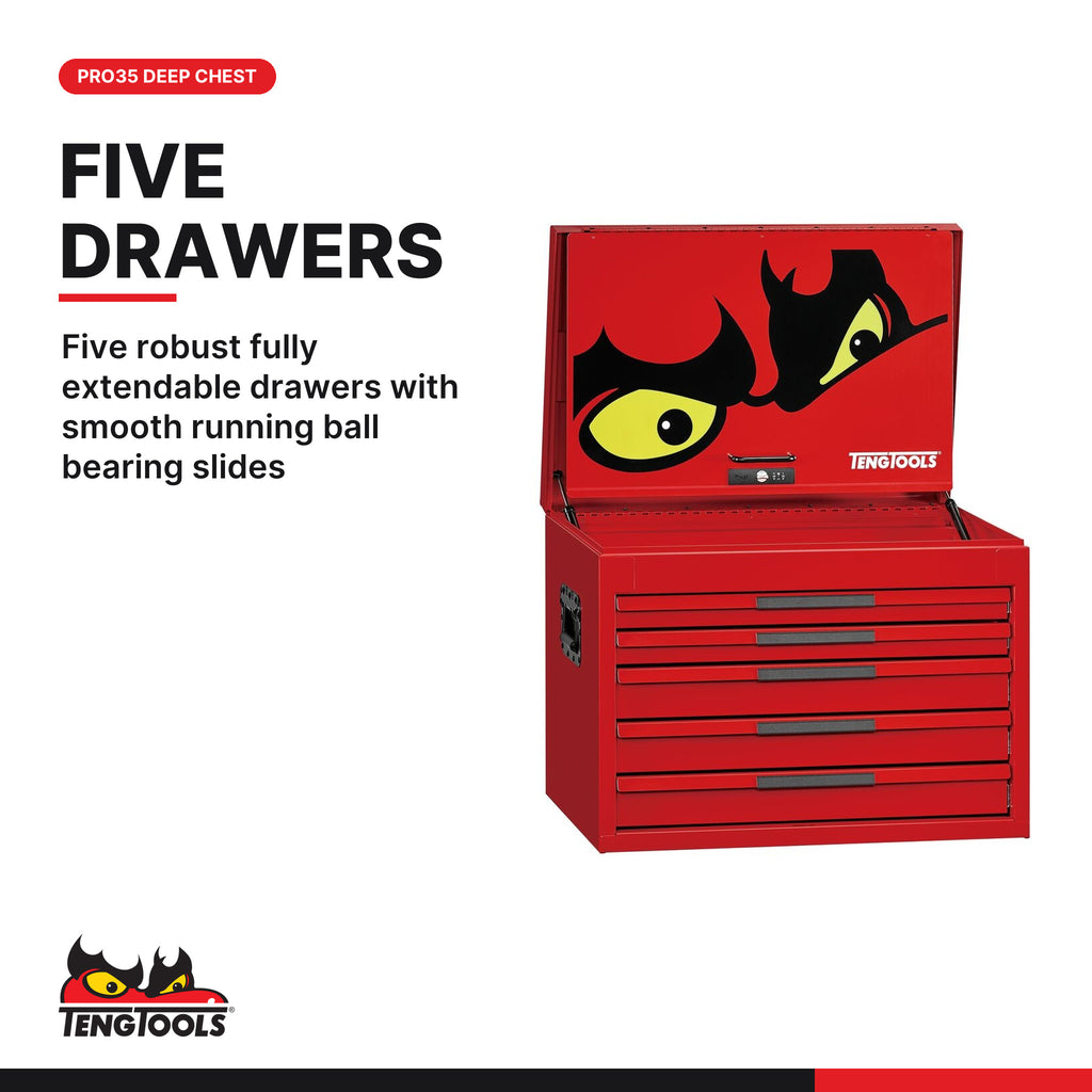 Teng Tools TST26R5F-US 26 PRO35™ Deep Tool Chest 5 Drawers Red, five robust fully extendable drawers with smooth running