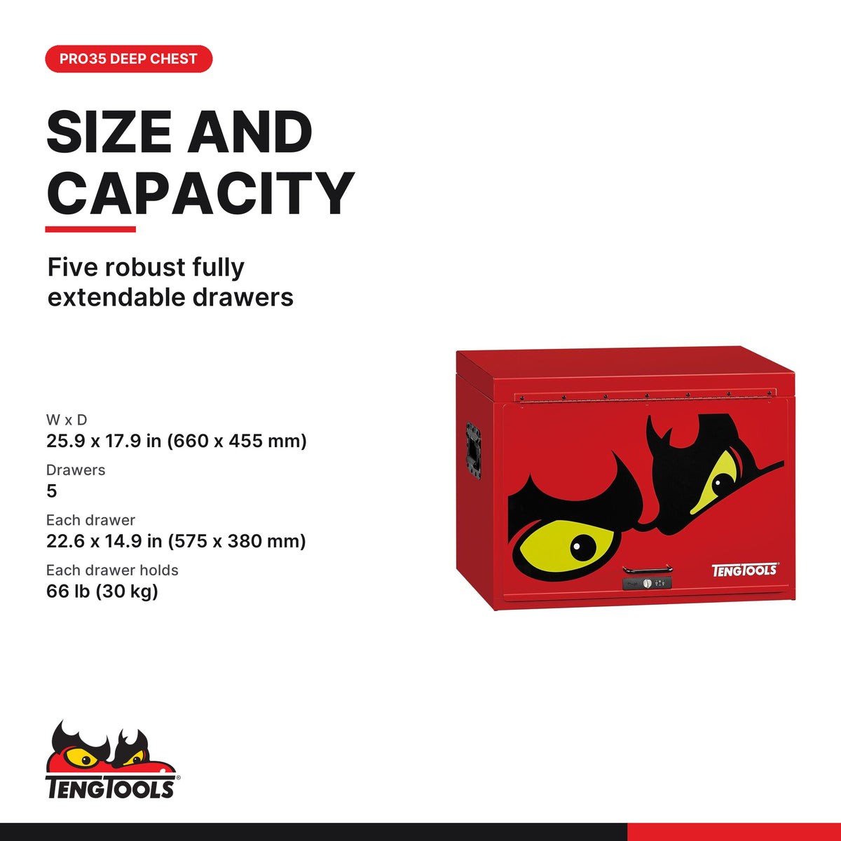 Teng Tools TST26R5F-US 26 PRO35™ Deep Tool Chest 5 Drawers Red, five robust fully extendable drawers