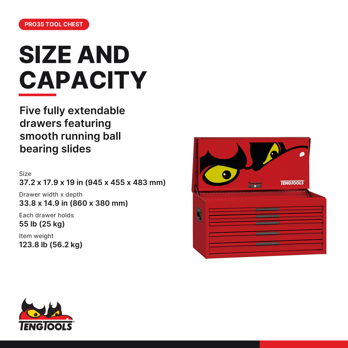 Teng Tools TST37R5F 37 Inch Wide 5 Drawer PRO35 Heavy Duty Red Top Box, five fully extendable drawers featuring smooth