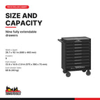 Teng Tools TSW26B9-US 26 PRO35™ Roller Cabinet 9 Drawers Black, nine fully extendable drawers