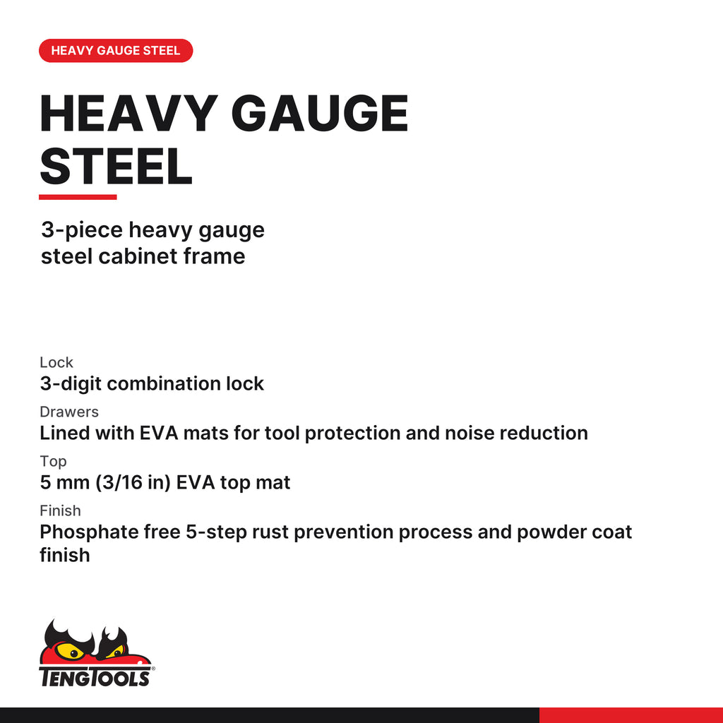 Teng Tools TSW26R4L 26 Inch PRO35 4 Drawer Low Roller Tool Cabinet, 3-piece heavy gauge steel cabinet frame