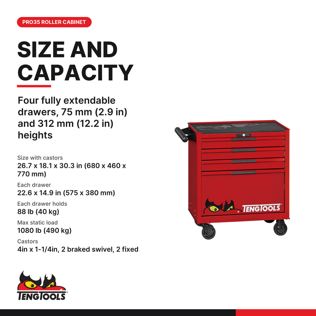 Teng Tools TSW26R4L 26 Inch PRO35 4 Drawer Low Roller Tool Cabinet, four fully extendable drawers, 75 mm (2.9 in) and 312 mm