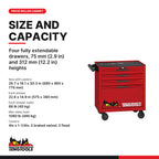 Teng Tools TSW26R4L 26 Inch PRO35 4 Drawer Low Roller Tool Cabinet, four fully extendable drawers, 75 mm (2.9 in) and 312 mm