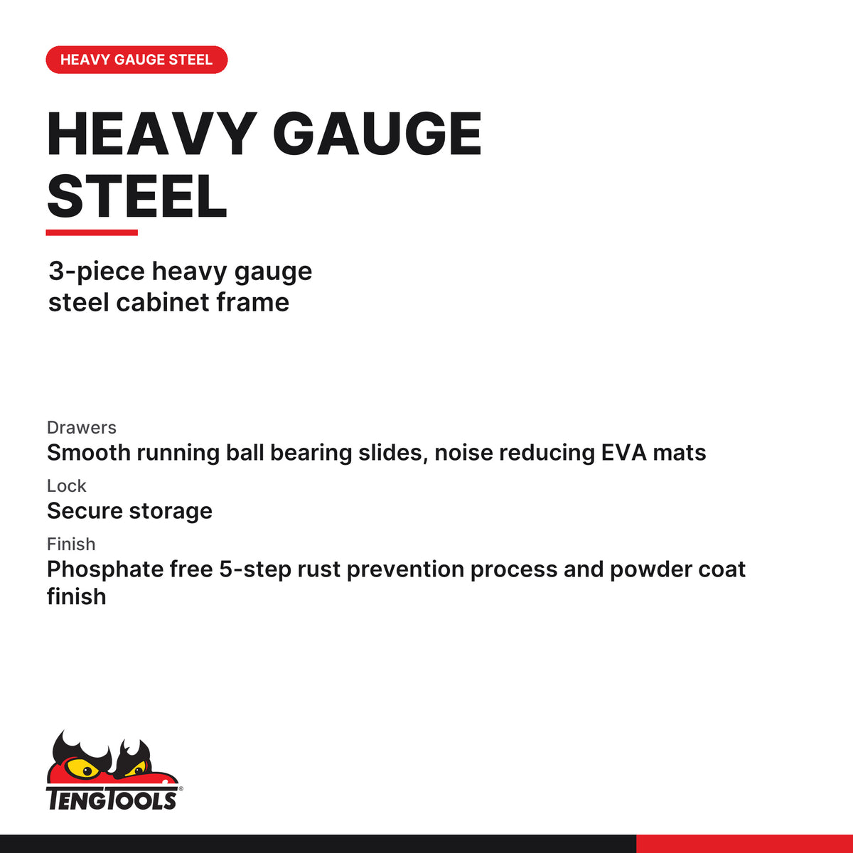 Teng Tools TSW26R6L-US 26 PRO35™ Low Roller Cabinet 6 Drawers Red, 3-piece heavy gauge steel cabinet frame