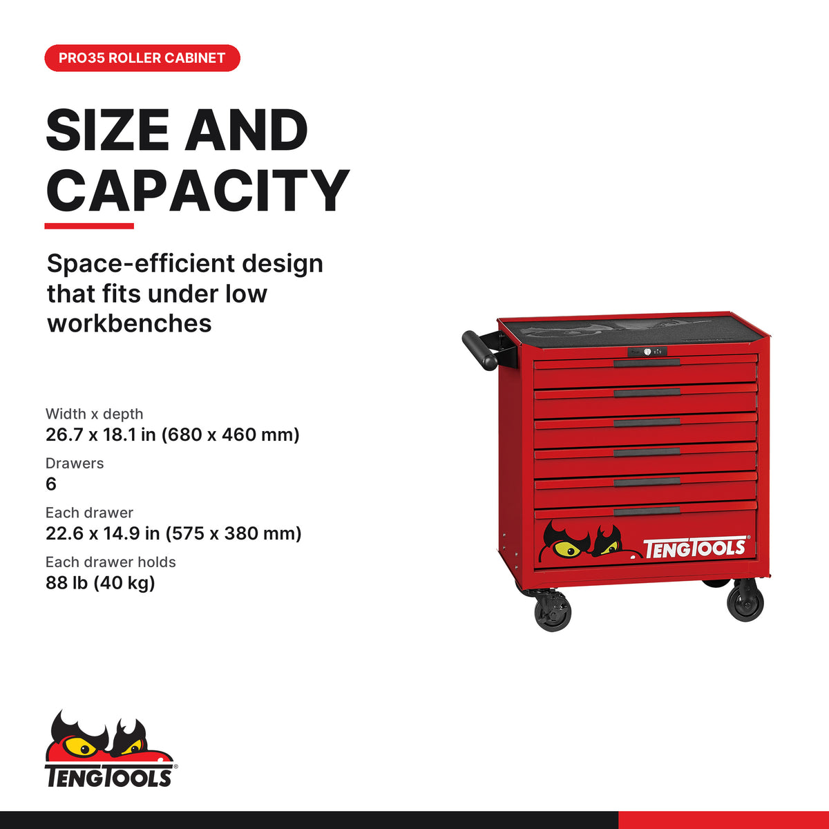 Teng Tools TSW26R6L-US 26 PRO35™ Low Roller Cabinet 6 Drawers Red, space-efficient design that fits under low workbenches