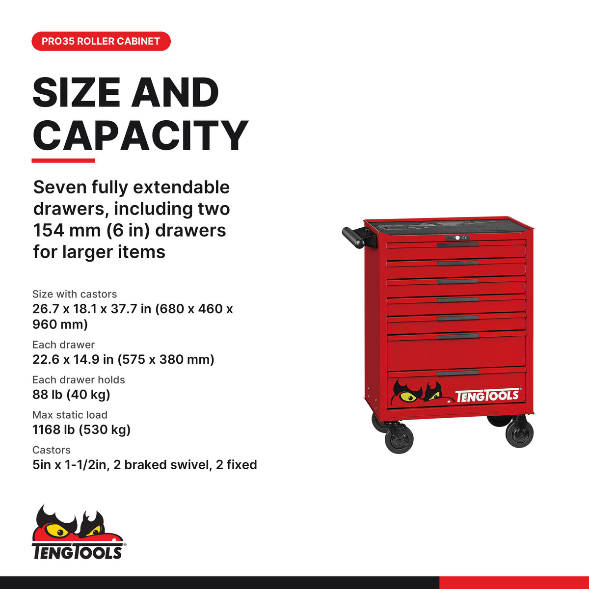 Teng Tools TSW26R7 26 PRO35™ Roller Cabinet 7 Drawers Red, seven fully extendable drawers, including two 154 mm (6 in)