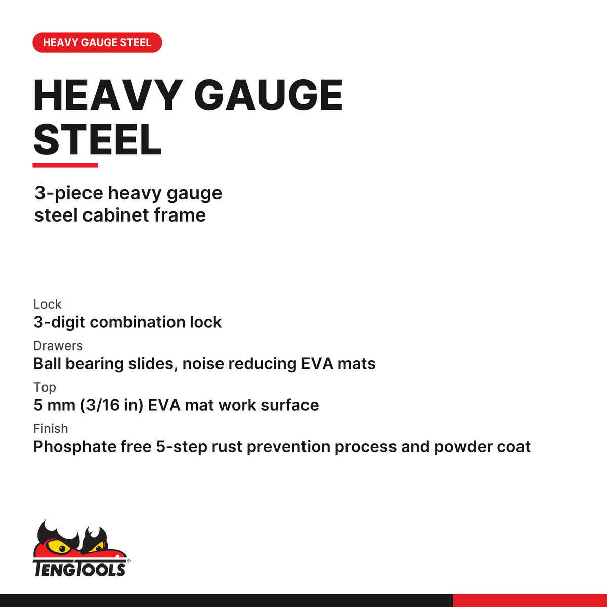 Teng Tools TSW26R9 26 Inch PRO35 Rolling Tool Cabinet, 3-piece heavy gauge steel cabinet frame