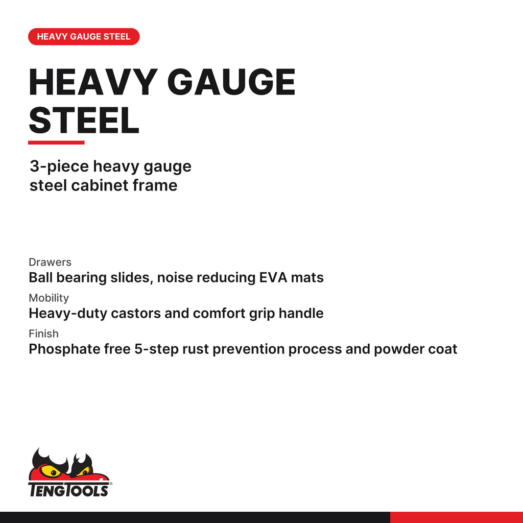 Teng Tools TSW37B8-US 37 PRO35™ Roller Cabinet 8 Drawers Black, 3-piece heavy gauge steel cabinet frame