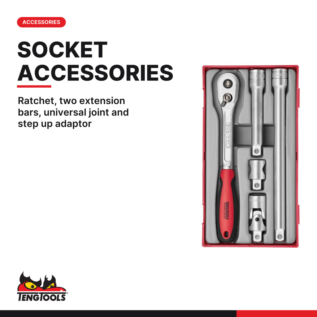 Teng Tools TT1205 1/2" Ratchet & Accessories Set TT1 5 Pieces, ratchet, two extension bars, universal joint and step up adapt