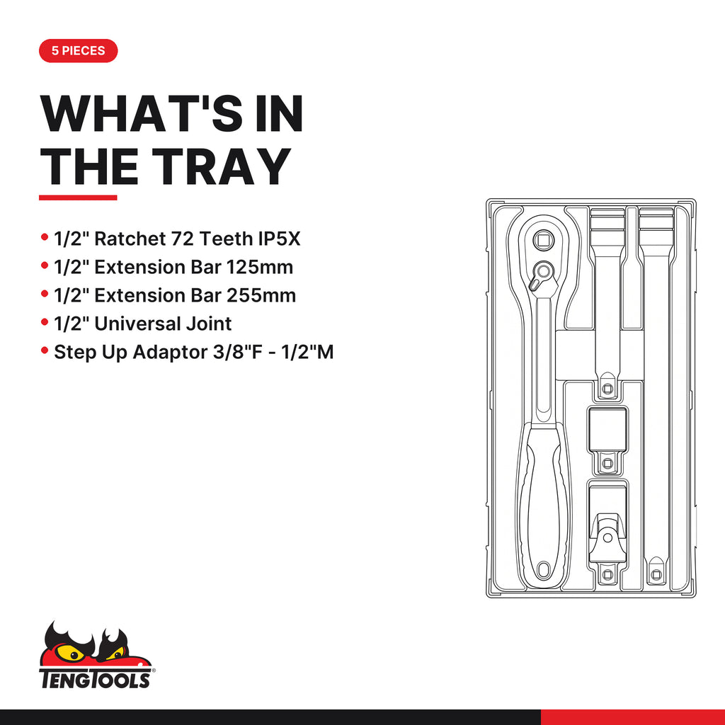Teng Tools TT1205 1/2" Ratchet & Accessories Set TT1 5 Pieces, what's in the tray
