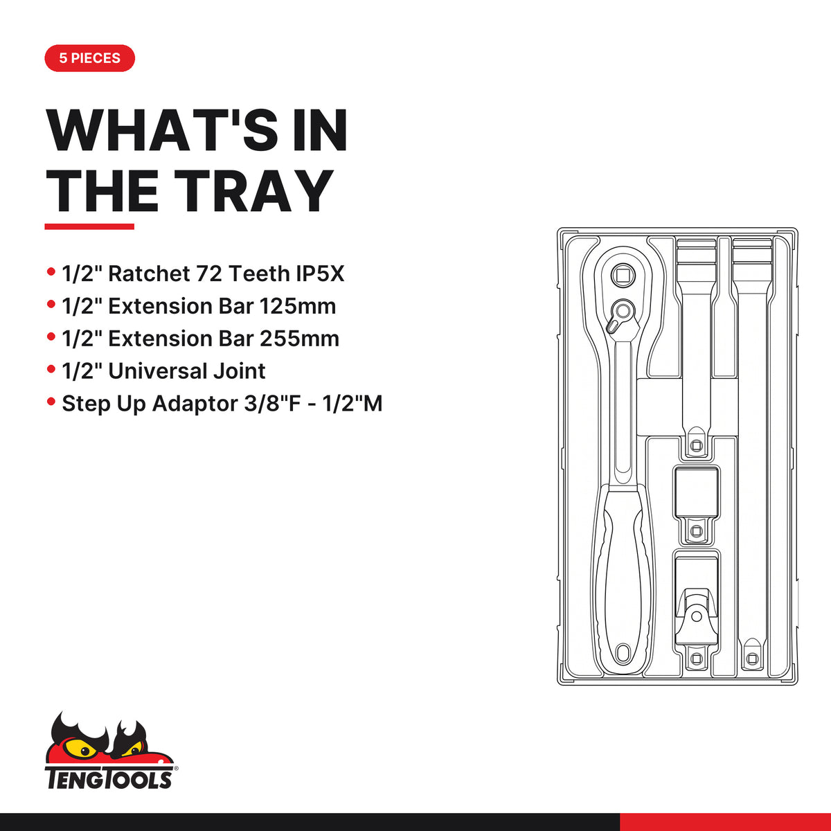Teng Tools TT1205 1/2" Ratchet & Accessories Set TT1 5 Pieces, what's in the tray