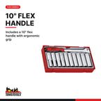 Teng Tools TT1211 1/2" Deep Socket Set 12 pt TT1 11 Pieces, includes a 10″ flex handle with ergonomic grip
