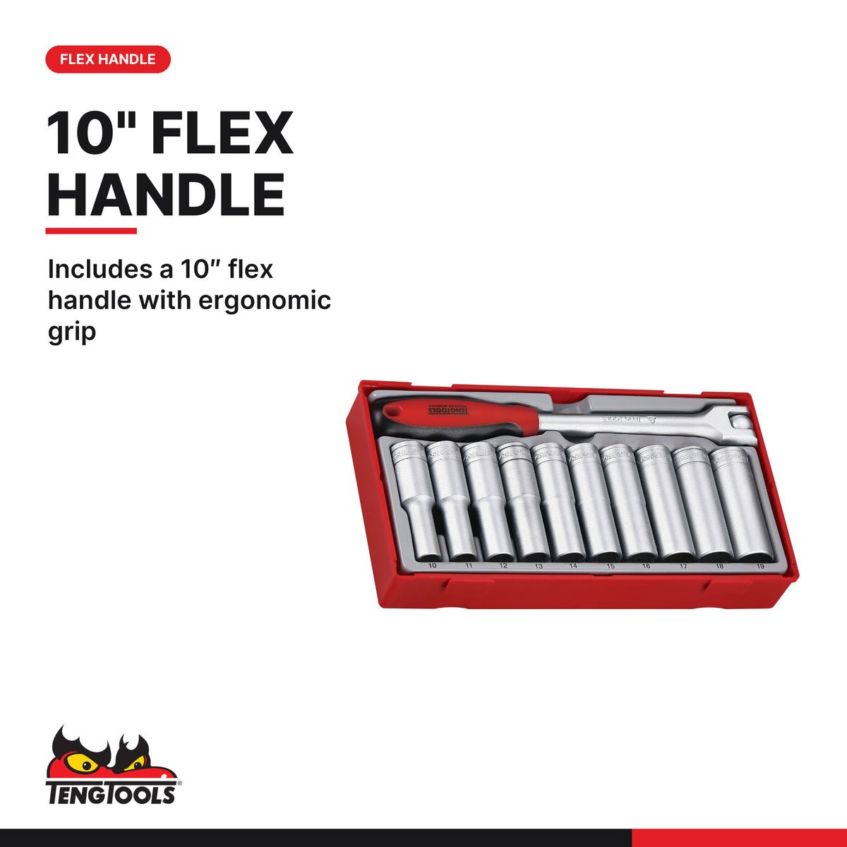 Teng Tools TT1211 1/2" Deep Socket Set 12 pt TT1 11 Pieces, includes a 10″ flex handle with ergonomic grip
