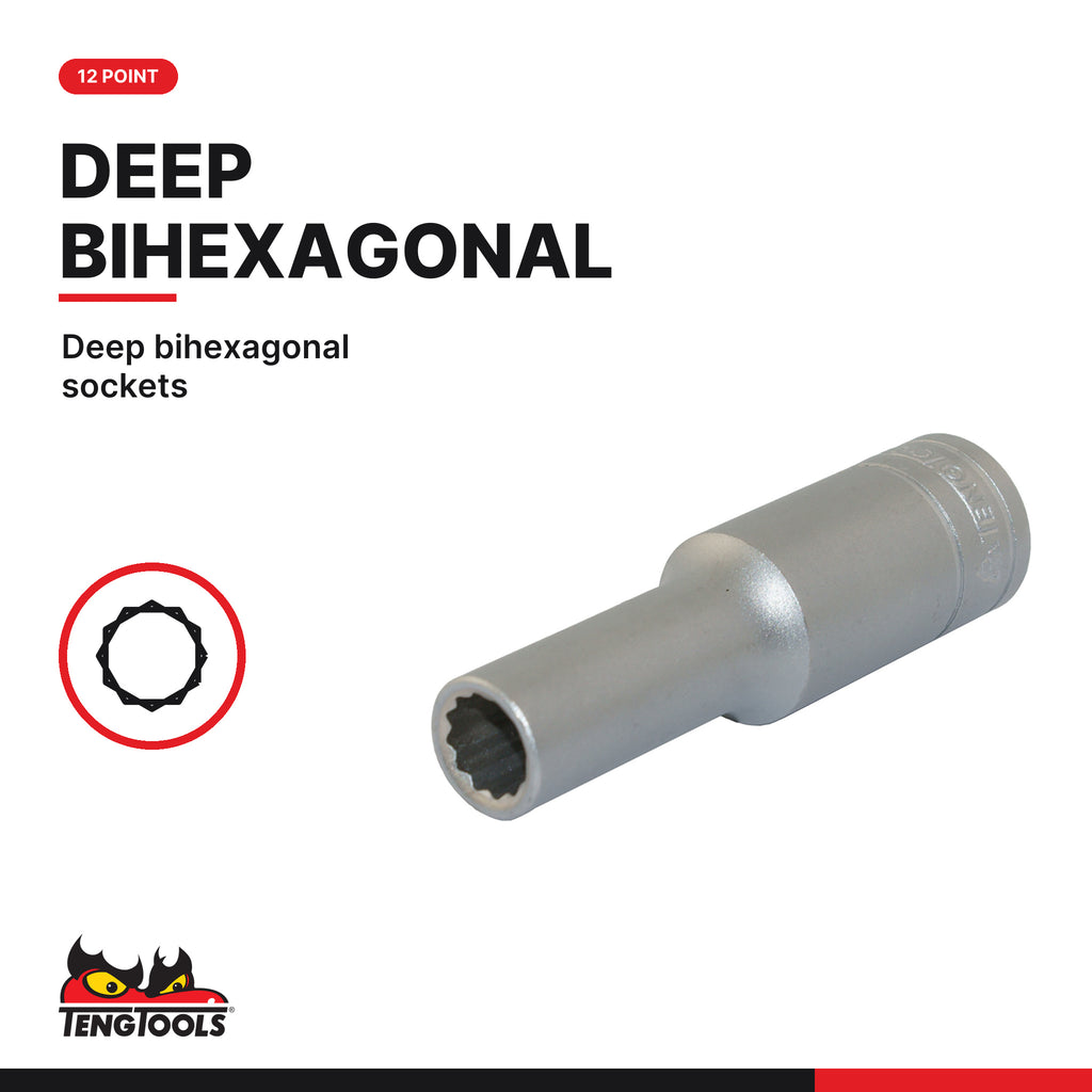 Teng Tools TT1211 1/2" Deep Socket Set 12 pt TT1 11 Pieces, deep bihexagonal sockets