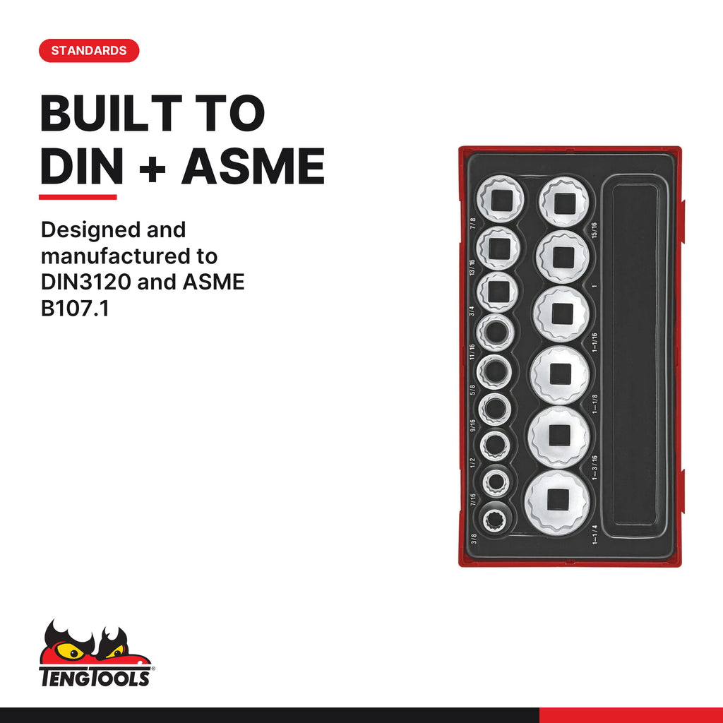 Teng Tools TT1215AF 1/2" Socket Set 12 pt AF TT1 15 Pieces, designed and manufactured to din3120 and asme b107.1