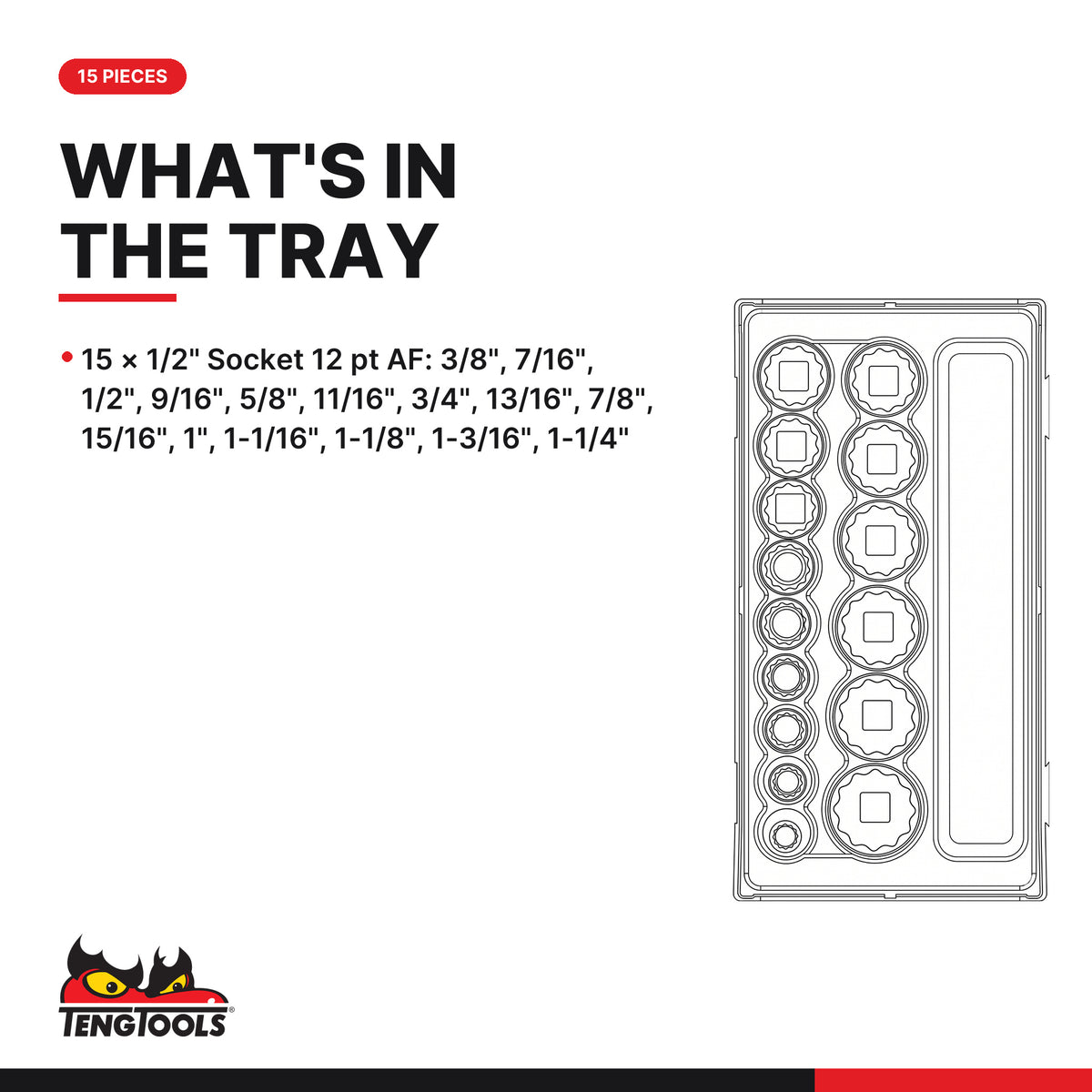 Teng Tools TT1215AF 1/2" Socket Set 12 pt AF TT1 15 Pieces, what's in the tray