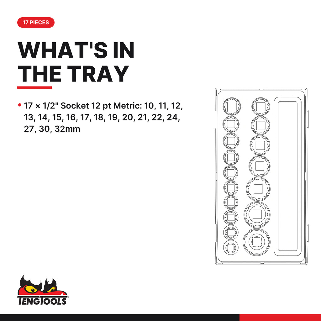 Teng Tools TT1217 1/2" Socket Set 12 pt TT1 17 Pieces, what's in the tray