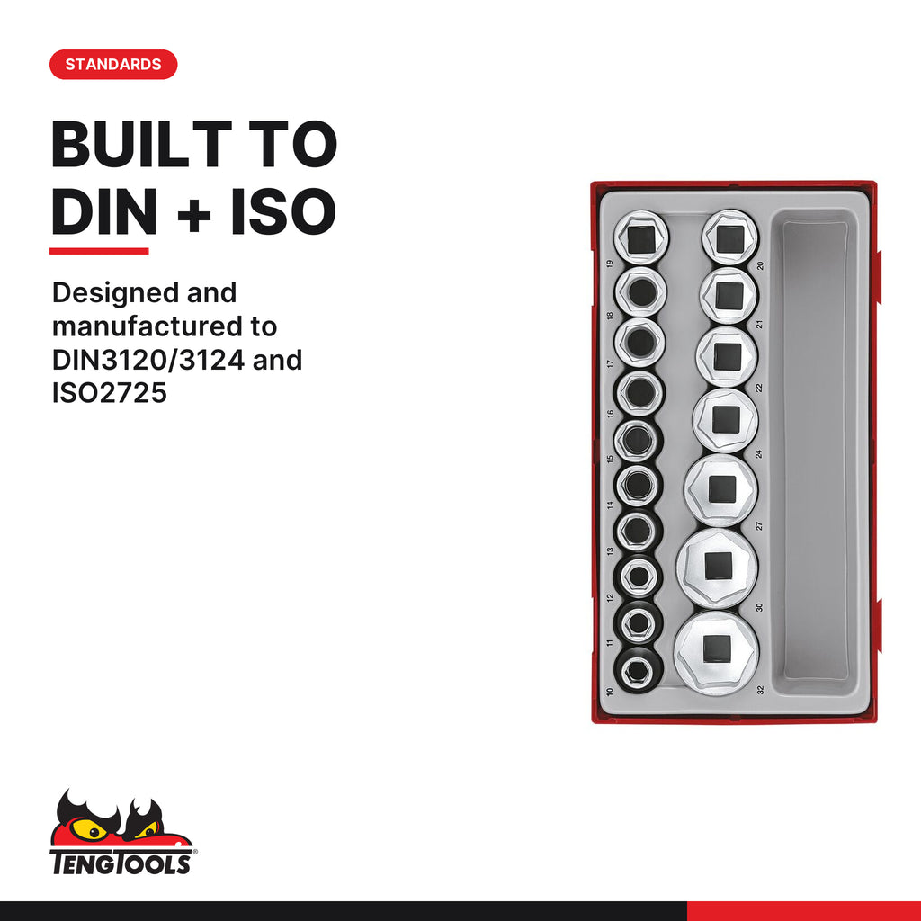 Teng Tools TT1217-6 1/2" Socket Set 6 pt TT1 17 Pieces, designed and manufactured to din3120/3124 and iso2725