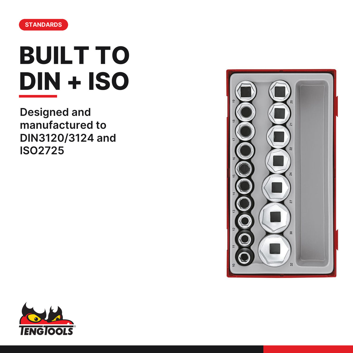 Teng Tools TT1217-6 1/2" Socket Set 6 pt TT1 17 Pieces, designed and manufactured to din3120/3124 and iso2725