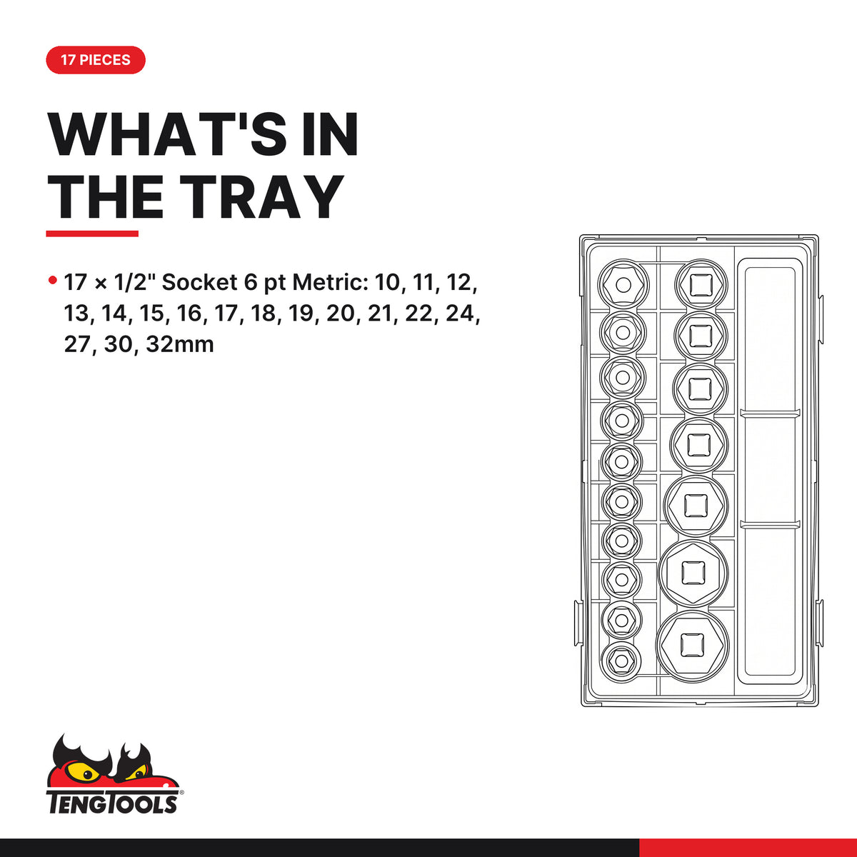 Teng Tools TT1217-6 1/2" Socket Set 6 pt TT1 17 Pieces, what's in the tray