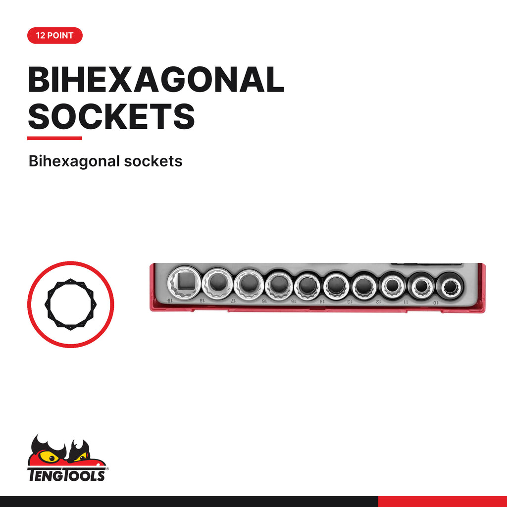 Teng Tools TT1218 1/2" Socket Set 12 pt TT1 17 Pieces, bihexagonal sockets