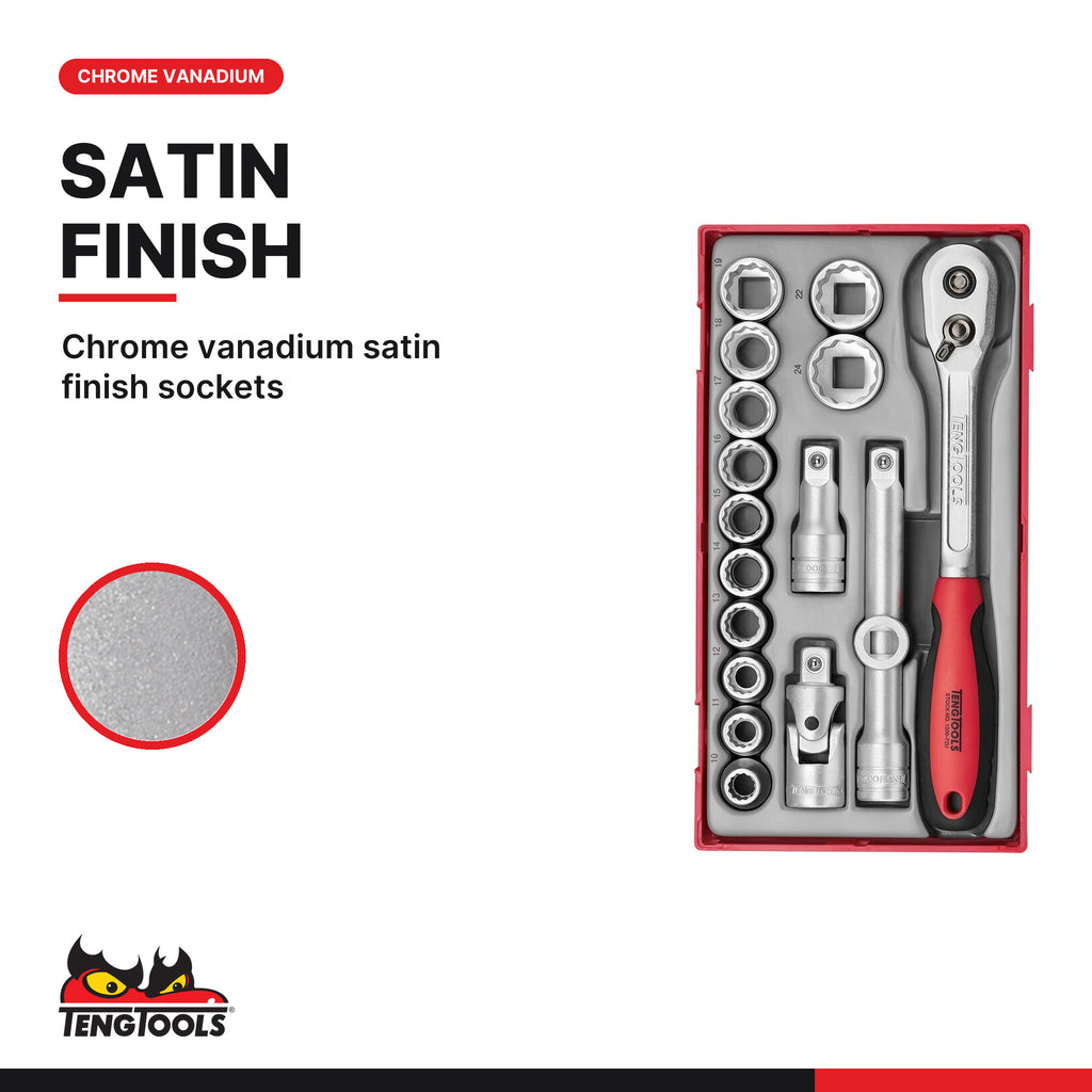 Teng Tools TT1218 1/2" Socket Set 12 pt TT1 17 Pieces, chrome vanadium satin finish sockets