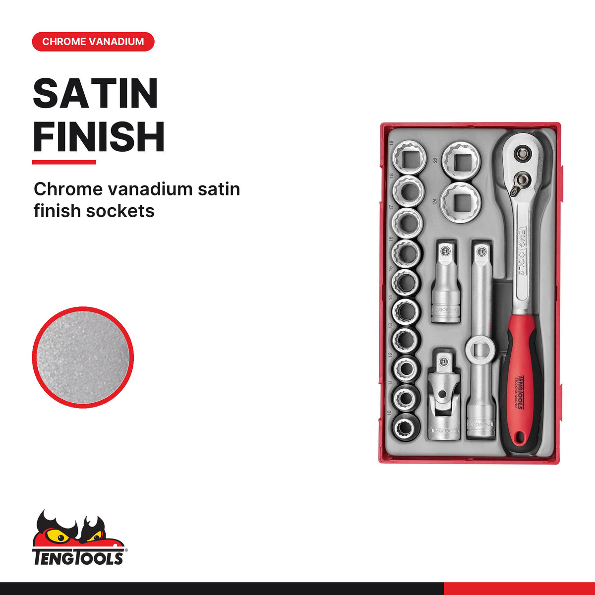Teng Tools TT1218 1/2" Socket Set 12 pt TT1 17 Pieces, chrome vanadium satin finish sockets