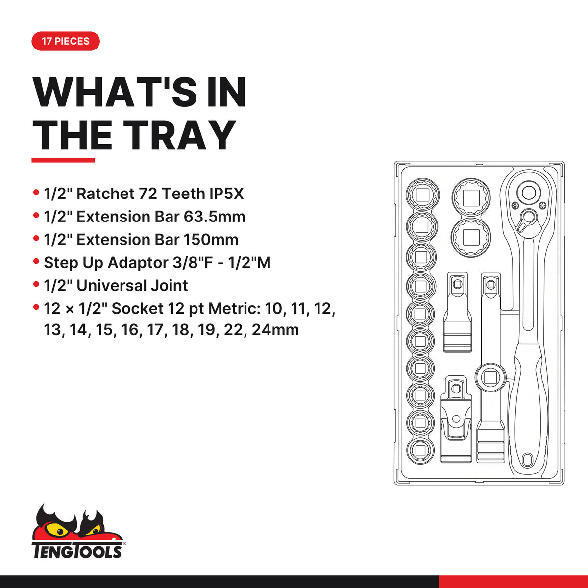 Teng Tools TT1218 1/2" Socket Set 12 pt TT1 17 Pieces, what's in the tray