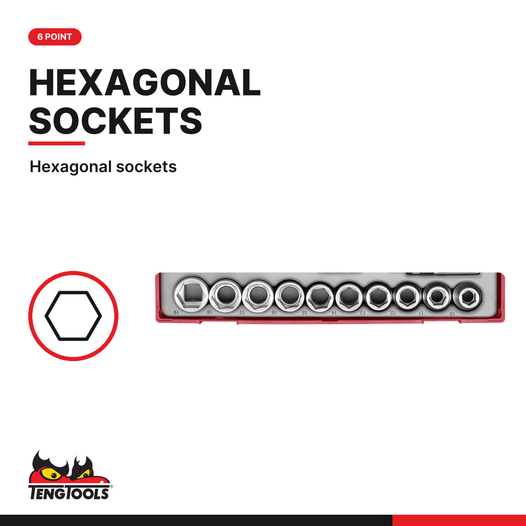 Teng Tools TT1218-6 1/2" Socket Set 6 pt TT1 17 Pieces, hexagonal sockets