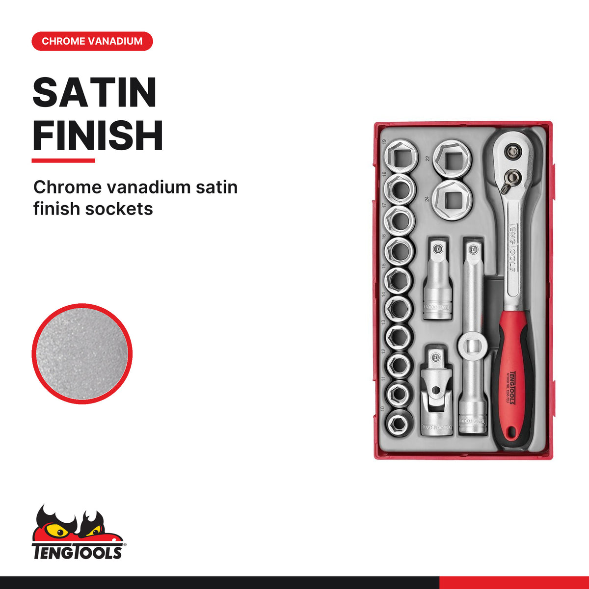 Teng Tools TT1218-6 1/2" Socket Set 6 pt TT1 17 Pieces, chrome vanadium satin finish sockets