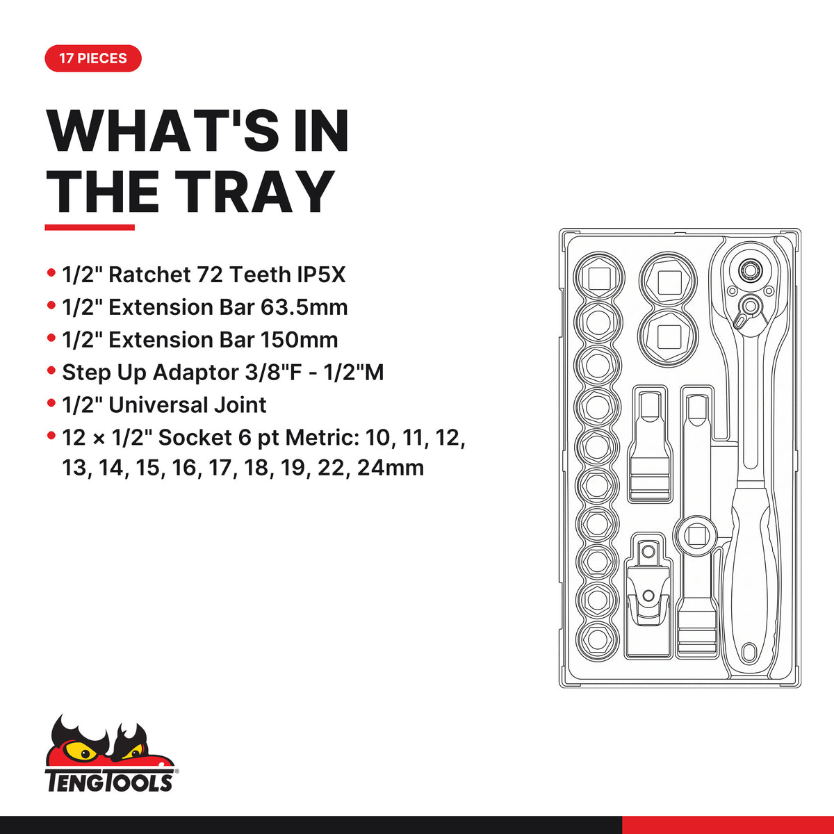 Teng Tools TT1218-6 1/2" Socket Set 6 pt TT1 17 Pieces, what's in the tray