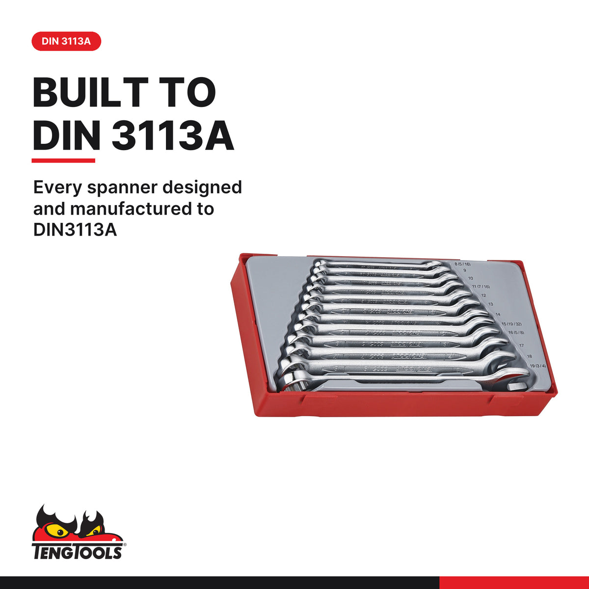 Teng Tools TT1236 12 piece metric combination spanner set 8-19 mm in a TT1 tray, made to DIN3113A