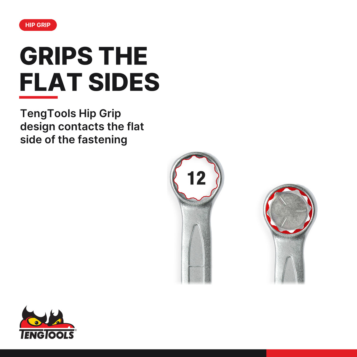 Teng Tools TT1236 12 piece metric combination spanner set 8-19 mm in a TT1 tray, Hip Grip contacts the flat sides of the fast