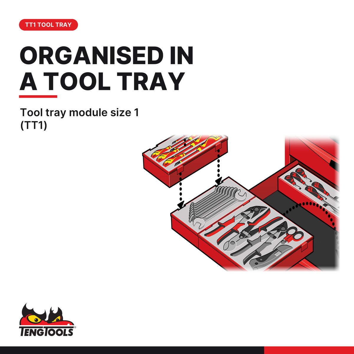 Teng Tools TT1236 12 piece metric combination spanner set 8-19 mm in a TT1 tray, organised in a TT1 tool tray module