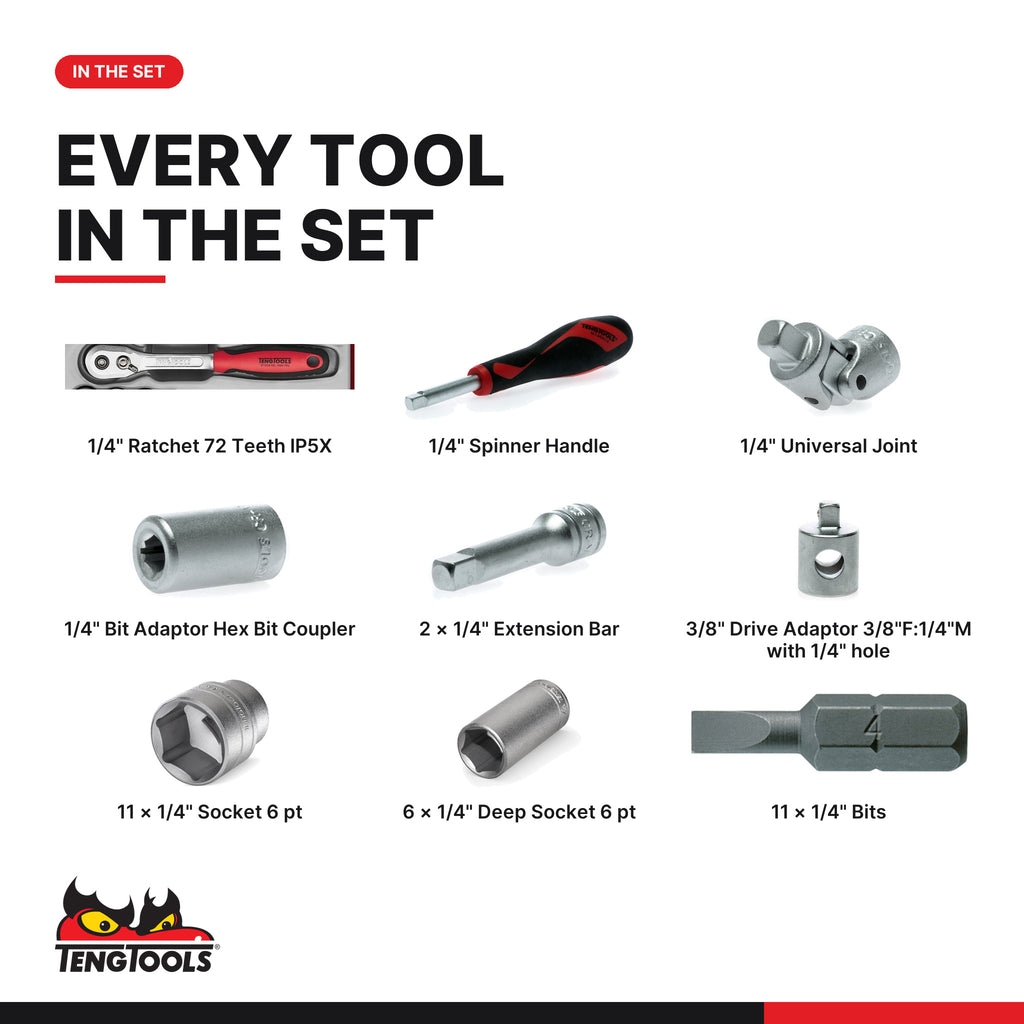 Teng Tools TT1435 1/4" Socket Set 6 pt TT1 35 Pieces, every tool in the set