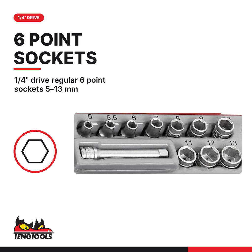 Teng Tools TT1448 48 Piece 1/4 Inch Drive 6 Point Shallow Socket & Bit, 1/4" drive regular 6 point sockets 5–13 mm