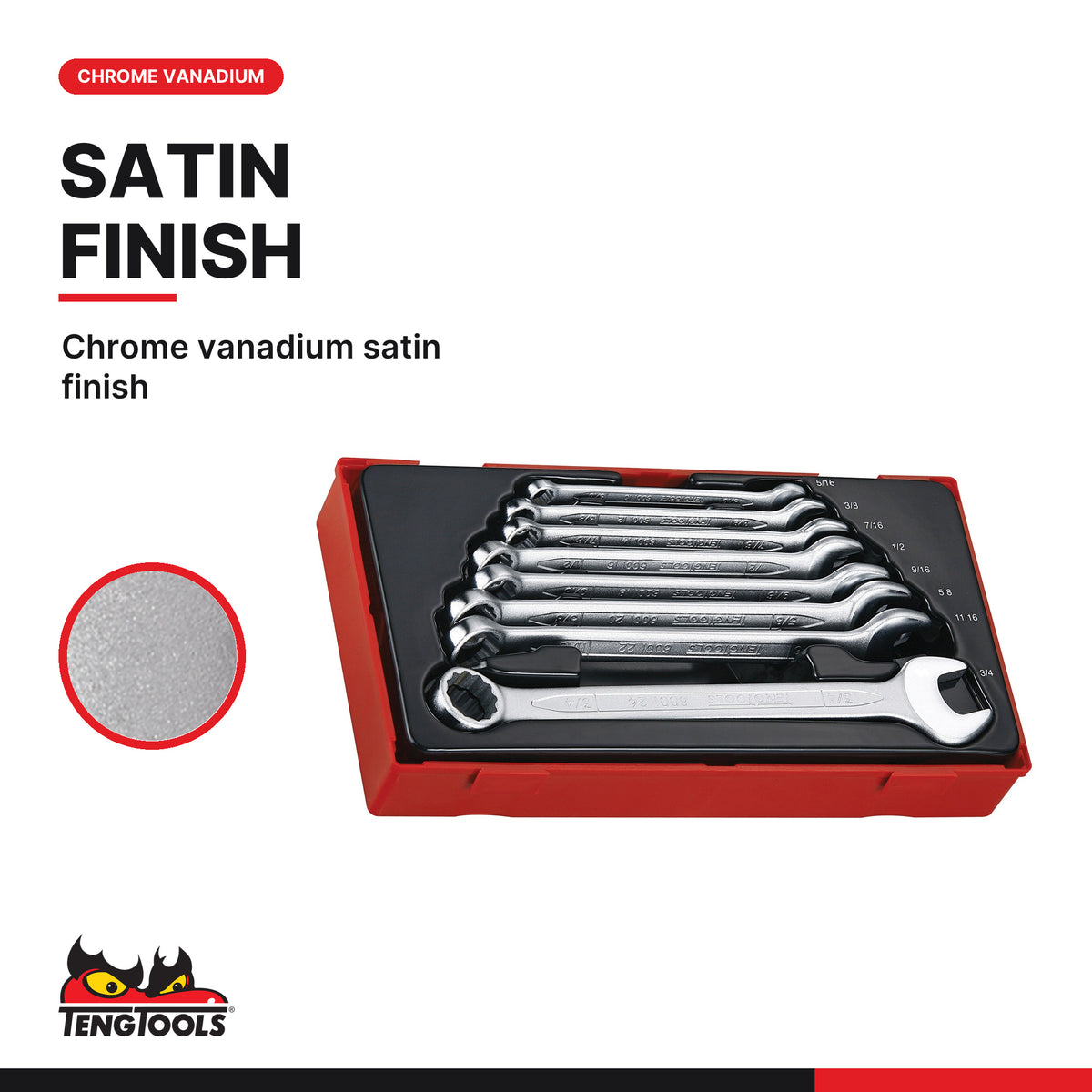 Teng Tools TT3592 Combination Spanner Set AF TT1 8 Pieces, chrome vanadium satin finish