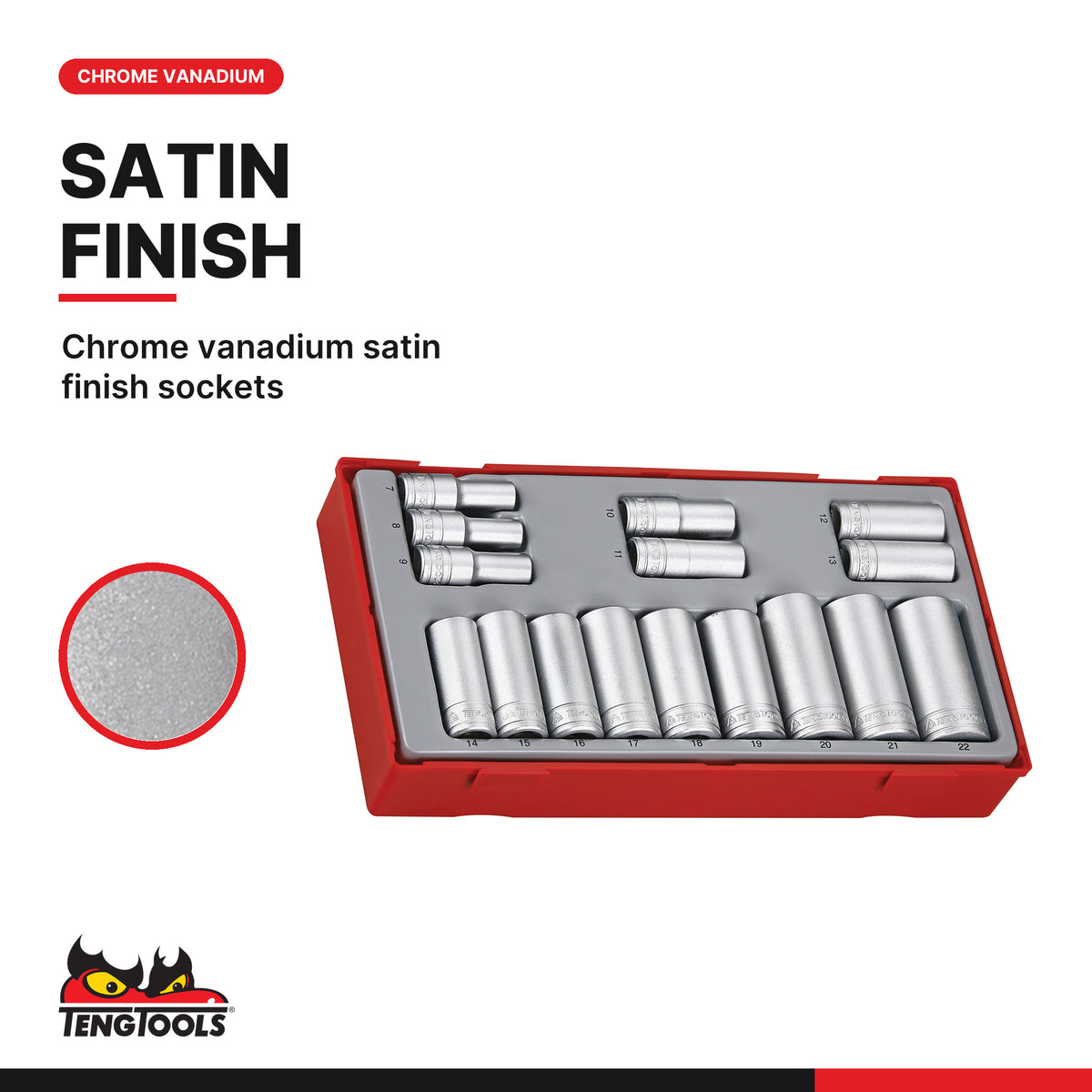 Teng Tools TT3816 3/8" Socket Set 6 pt TT1 16 Pieces, chrome vanadium satin finish sockets