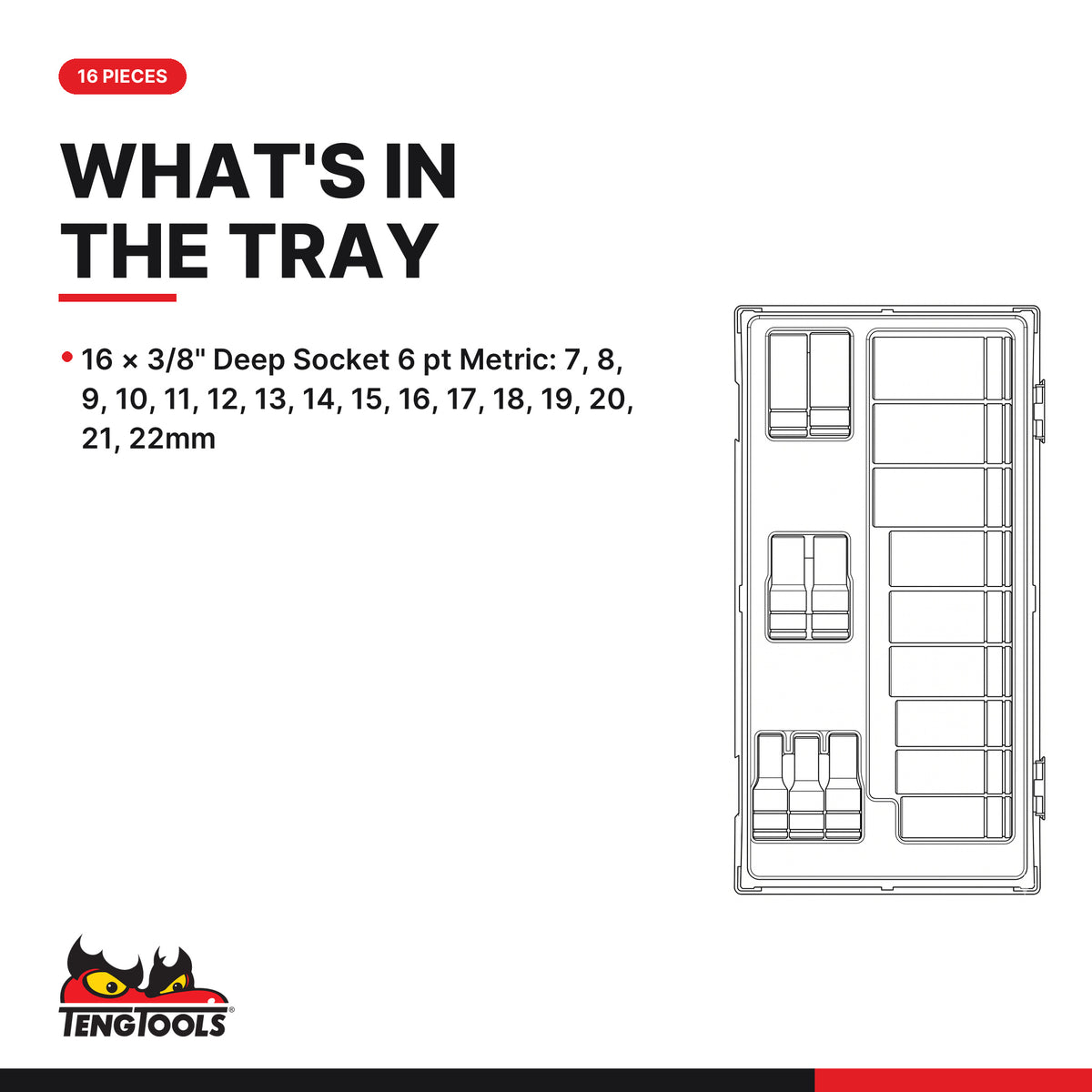 Teng Tools TT3816 3/8" Socket Set 6 pt TT1 16 Pieces, what's in the tray