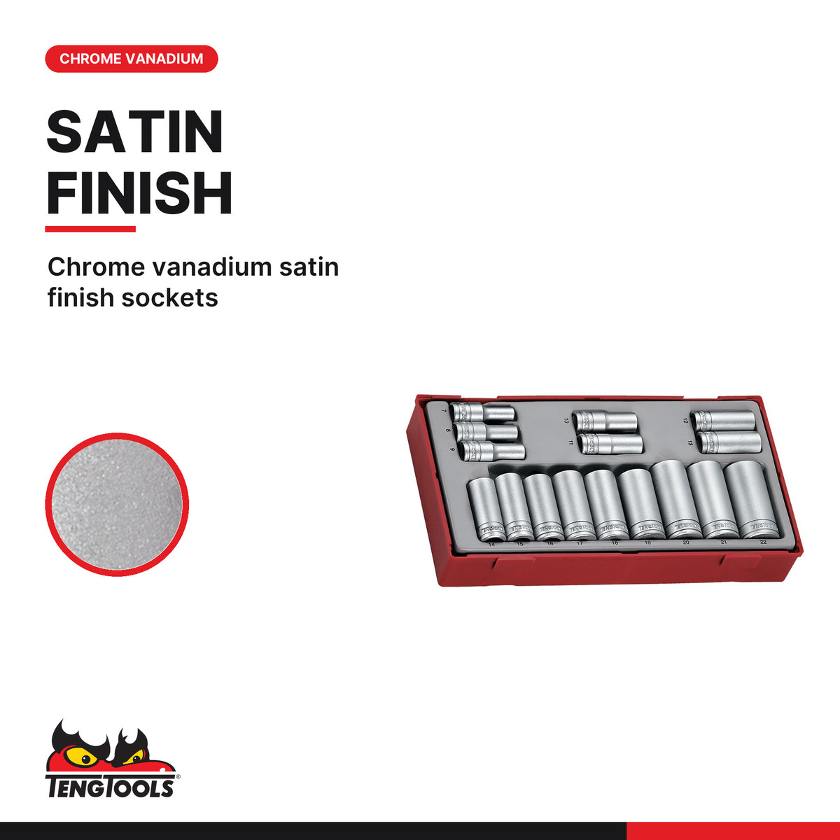 Teng Tools TT381612 3/8" Socket Set 12 pt TT1 16 Pieces, chrome vanadium satin finish sockets
