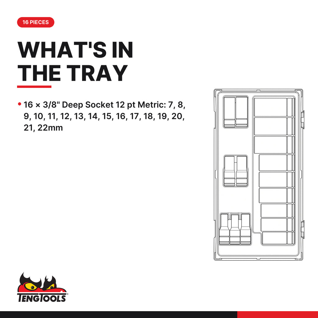 Teng Tools TT381612 3/8" Socket Set 12 pt TT1 16 Pieces, what's in the tray