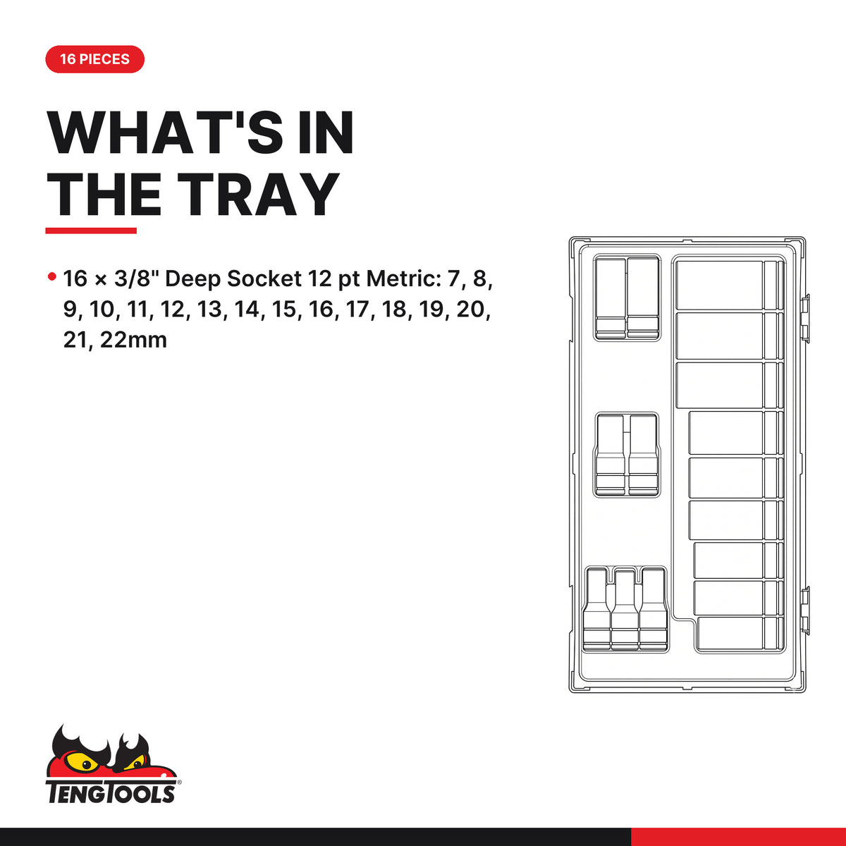 Teng Tools TT381612 3/8" Socket Set 12 pt TT1 16 Pieces, what's in the tray