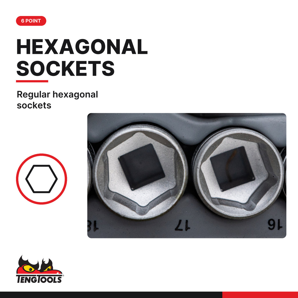 Teng Tools TT3819 3/8" Socket Set 6 pt TT1 19 Pieces, regular hexagonal sockets