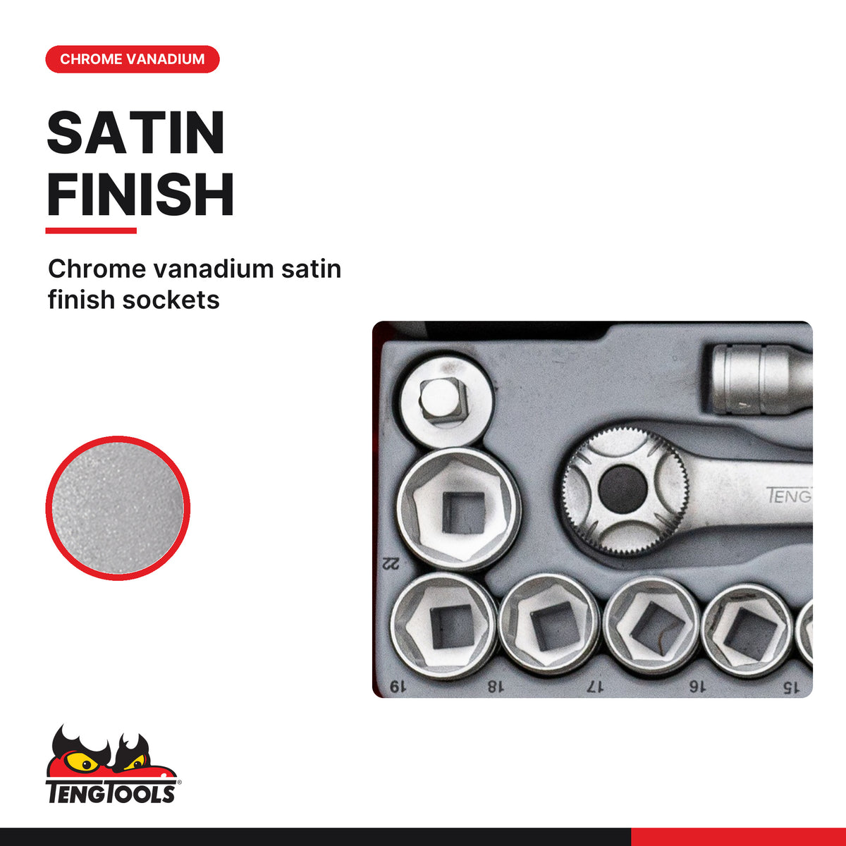 Teng Tools TT3819 3/8" Socket Set 6 pt TT1 19 Pieces, chrome vanadium satin finish sockets