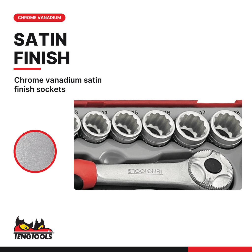 Teng Tools TT381912 3/8" Socket Set 12 pt TT1 19 Pieces, chrome vanadium satin finish sockets
