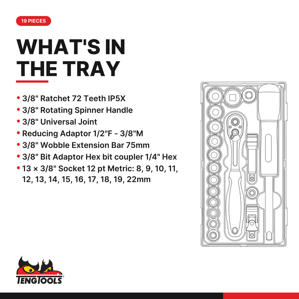 Teng Tools TT381912 3/8" Socket Set 12 pt TT1 19 Pieces, what's in the tray