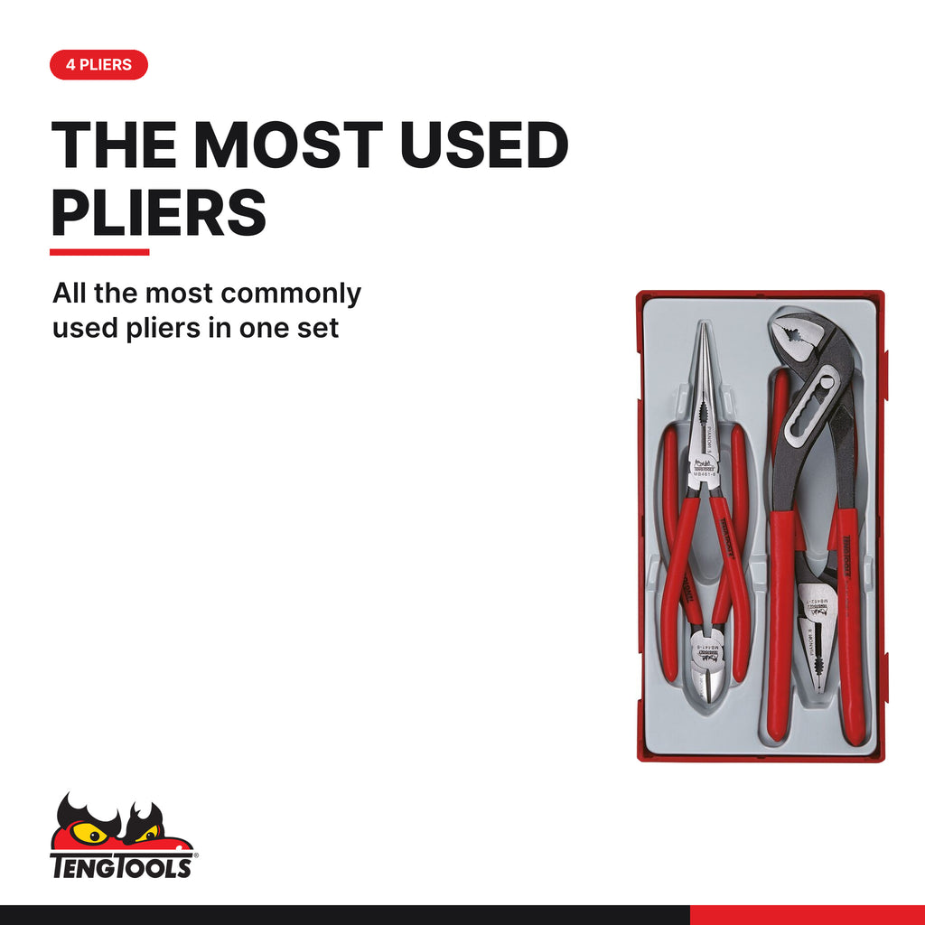 Teng Tools TT440 Plier Set Vinyl Grip TT1 4 Pieces, all the most commonly used pliers in one set