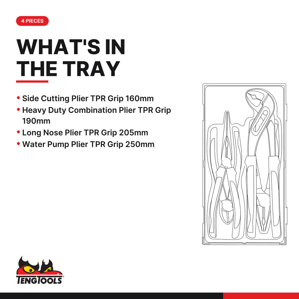 Teng Tools TT440-T Plier Set TPR Grip TT1 4 Pieces, what's in the tray